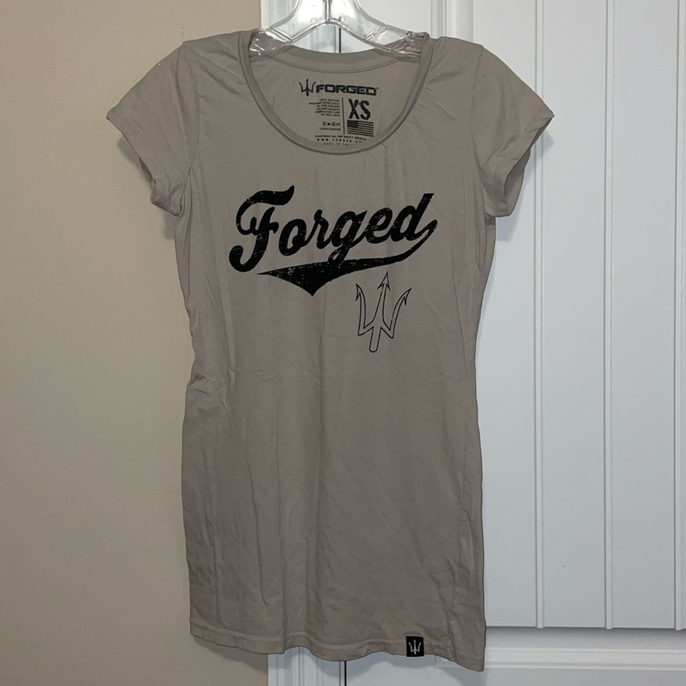 Women’s Forged T-Shirt - size XS - Color is taupe with black lettering